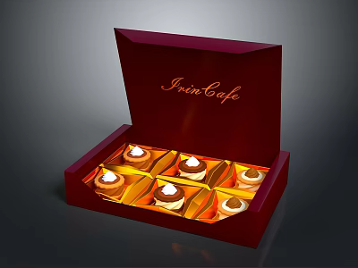 Open Red Box of Swiss Cafe Chocolates Arranged Neatly with Golden Lining and Cream Topping 3d model