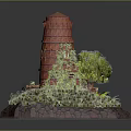 Red Brick Tower Covered With Green Vines Surrounded By Lush Plants Tree And Stone Base
