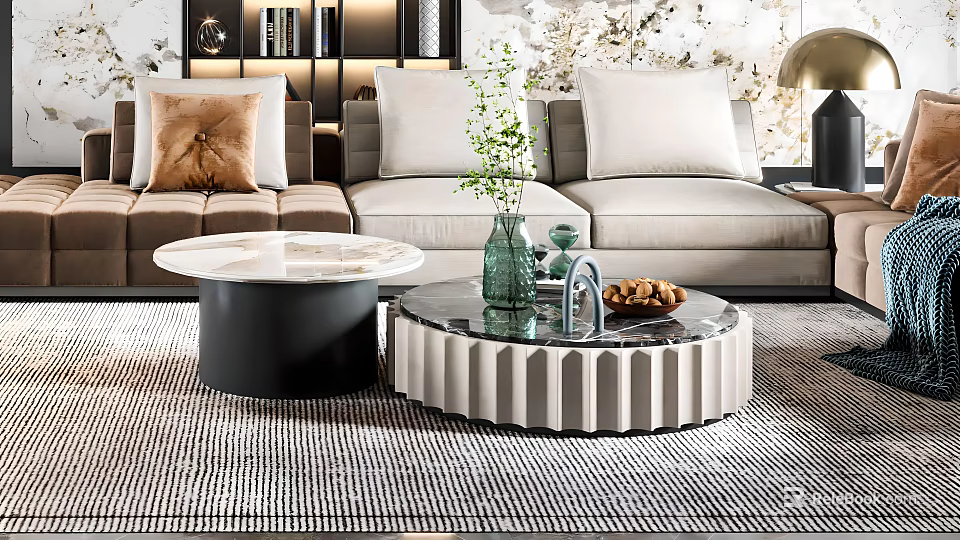 Modern Round Coffee Table With Marble Top And Green Vase Snacks On Patterned Rug By Sofa 3d model 