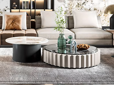 Modern Round Coffee Table With Marble Top And Green Vase Snacks On Patterned Rug By Sofa 3d model