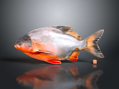 Silver And Orange Fish With Reflection On Gray Background And Small Cube 3d model