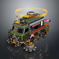 Green Custom Mechanical Truck With Yellow Warning Stripes Roof Equipment And Robotic Gadgets