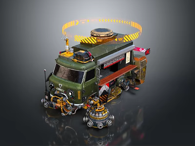 Green Custom Mechanical Truck With Yellow Warning Stripes Roof Equipment And Robotic Gadgets 3d model