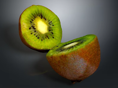 Fresh Ripe Kiwi Fruit Sliced In Half Showing Green Flesh Black Seeds And Yellow Center 3d model