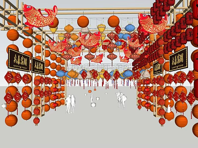Traditional Chinese Lanterns Hanging With Fish Shaped Designs And Red Ornaments 3d model