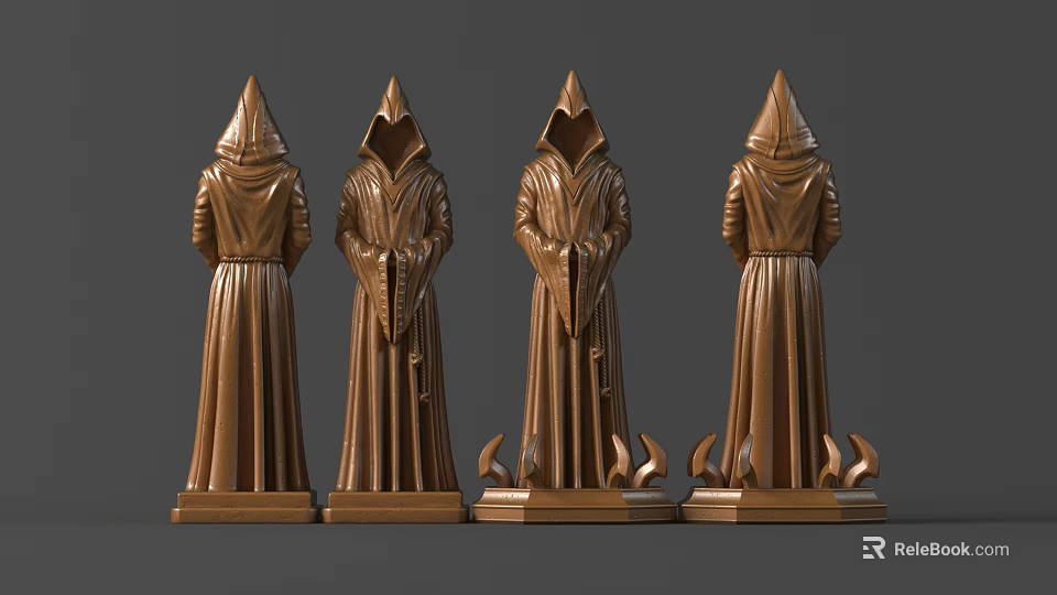 Four Bronze Sculpture Carving With Hooded Robes Pointed Hats And Decorative Bases In Various Poses 3d model 