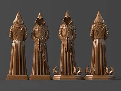 Four Bronze Sculpture Carving With Hooded Robes Pointed Hats And Decorative Bases In Various Poses 3d model