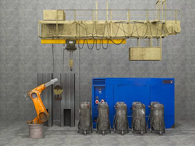 Industrial Workshop Setup Featuring Yellow Crane Orange Robotic Arm Blue Equipment And Metal Cylinders 3d model