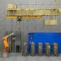 Industrial Workshop Setup Featuring Yellow Crane Orange Robotic Arm Blue Equipment And Metal Cylinders