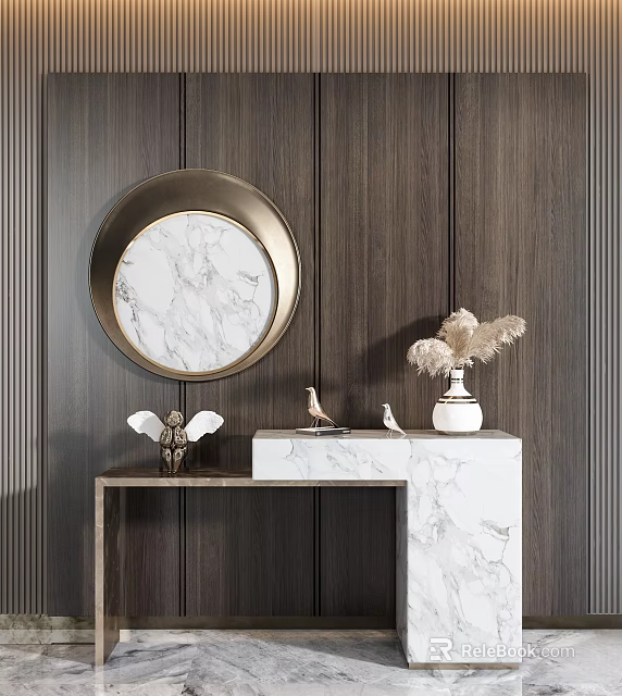 Stylish Console Table With Round Gold Mirror Marble Top Decorative Items On Dark Wood Wall 3d model 