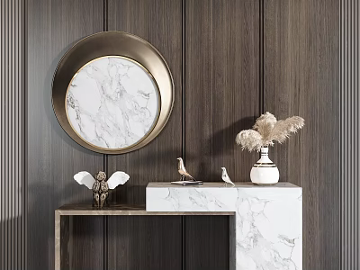 Stylish Console Table With Round Gold Mirror Marble Top Decorative Items On Dark Wood Wall 3d model