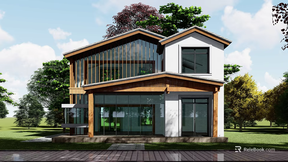 Modern Two Story Detached Villa Featuring Large Glass Windows Wooden Accents and Lush Greenery 3d model 