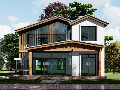 Modern Two Story Detached Villa Featuring Large Glass Windows Wooden Accents and Lush Greenery 3d model