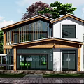 Modern Two Story Detached Villa Featuring Large Glass Windows Wooden Accents and Lush Greenery