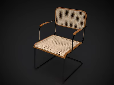 Stylish Leisure Chair With Rattan Backrest Seat Cushion Wooden Armrests And Black Metal Frame 3d model