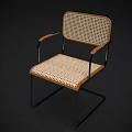 Stylish Leisure Chair With Rattan Backrest Seat Cushion Wooden Armrests And Black Metal Frame