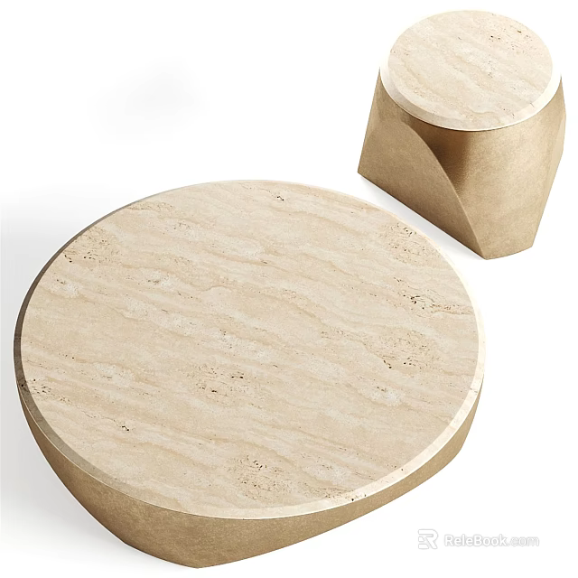 Round Beige Marble Coffee Table With Textured Surface And Modern Geometric Base 3d model 