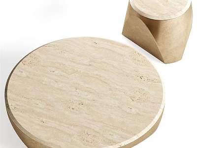 Round Beige Marble Coffee Table With Textured Surface And Modern Geometric Base 3d model