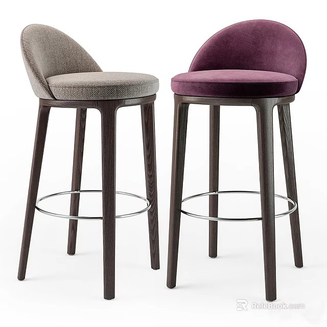 Light Gray and Deep Purple Velvet Bar Stools With Dark Wooden Legs and Metal Footrest 3d model 