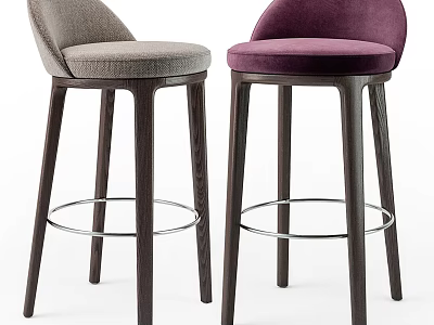 Light Gray and Deep Purple Velvet Bar Stools With Dark Wooden Legs and Metal Footrest 3d model