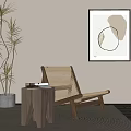 Comfortable Leisure Chair With Small Side Table Palm Plant And Abstract Painting On Woven Rug