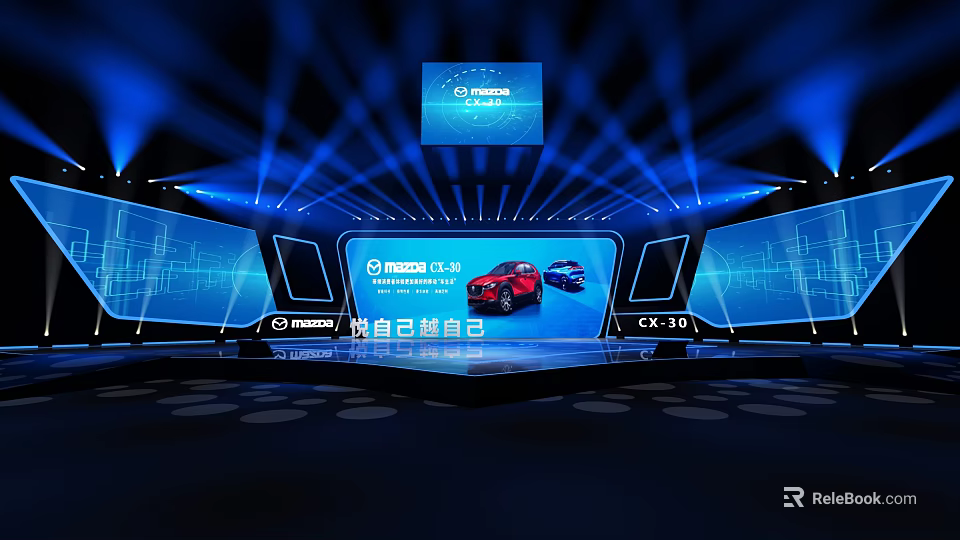 Mazda CX-30 Car Display On Stage With Blue Lighting And Large Screens 3d model 