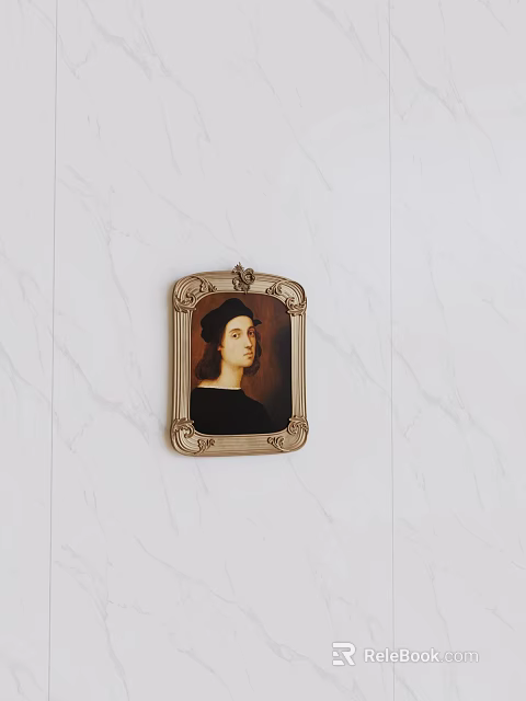 Portrait Painting With Gold Ornate Frame On White Marble Wall Featuring Dark Clothing And Hat 3d model 