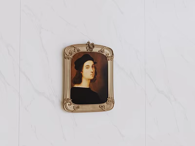 Portrait Painting With Gold Ornate Frame On White Marble Wall Featuring Dark Clothing And Hat 3d model
