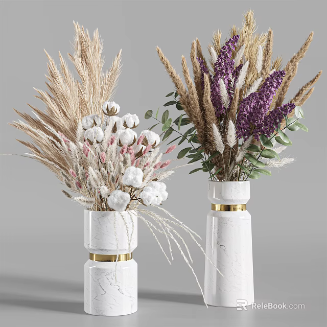 Modern White Vases With Gold Accents Holding Cotton Dried Grass Purple Flowers And Green Leaves 3d model 