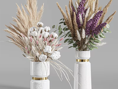 Modern White Vases With Gold Accents Holding Cotton Dried Grass Purple Flowers And Green Leaves 3d model
