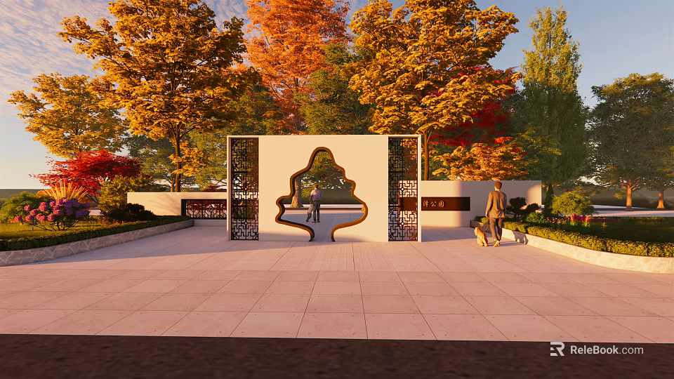 Chinese Style Entrance Gate With Autumn Trees And People Walking On Paved Square 3d model 