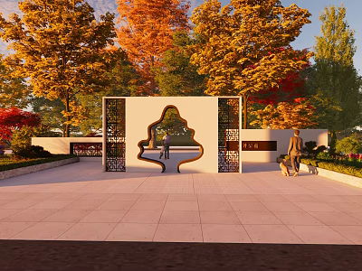 Chinese Style Entrance Gate With Autumn Trees And People Walking On Paved Square 3d model