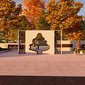 Chinese Style Entrance Gate With Autumn Trees And People Walking On Paved Square