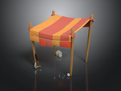 Tented Canopy Structure With Orange Red Striped Fabric Wooden Legs White Balls And Metal Tool 3d model
