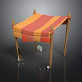 Tented Canopy Structure With Orange Red Striped Fabric Wooden Legs White Balls And Metal Tool