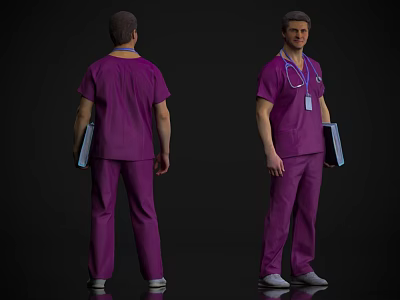 Man in Purple Scrubs With Stethoscope ID Badge Holding Folder 3d model