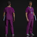 Man in Purple Scrubs With Stethoscope ID Badge Holding Folder