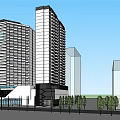 Modern High Rise Hotel Building With Glass Facade And Surrounding Trees In Urban Setting