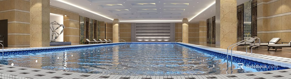 Indoor Swimming Pool With Blue Water Lounge Chairs And Decorative Pillars Ceiling Design 3d model 
