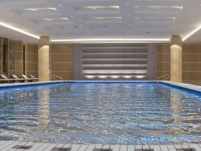 Indoor Swimming Pool With Blue Water Lounge Chairs And Decorative Pillars Ceiling Design 3d model