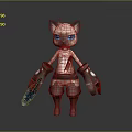 3D Cartoon Cat Character With Blue Eyes Wearing Brown Outfit Holding Blue Object