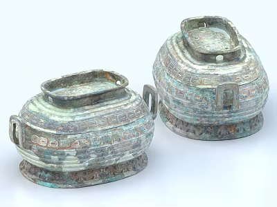 Traditional Ceramic Vessels With Intricate Patterns Double Handles And Square Lids 3d model