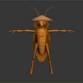 Orange Mantis 3D Model With Outstretched Limbs And Hat Like Structure Against Dark Background