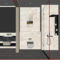 Modern Bathroom Interior Design With Marble Walls Glass Shower Vanity Mirror Shelves And Artwork