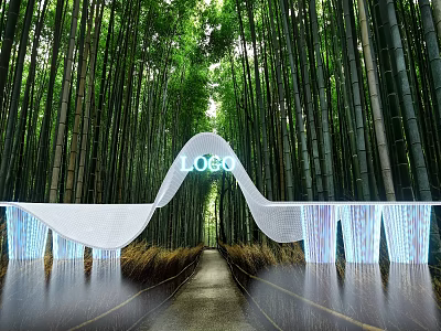 Scenic Bamboo Forest Pathway With Arched White Structure And Logo Lighting 3d model