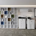 Multicolored Open Shelf Bookcase With Books Decor In Modern Office Space With White Filing Cabinets