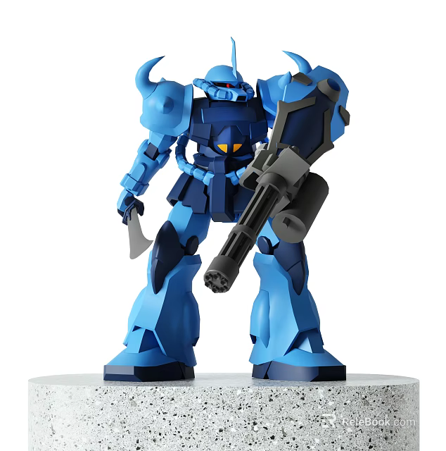 Blue Mecha Robot Action Figure Standing With Gun And Knife On Display Base 3d model 