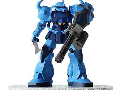 Blue Mecha Robot Action Figure Standing With Gun And Knife On Display Base 3d model