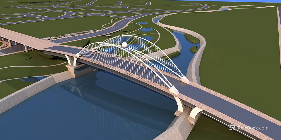 Modern Arch Bridge Design Spanning River With Surrounding Roads And Green Space 3d model 