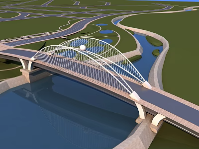 Modern Arch Bridge Design Spanning River With Surrounding Roads And Green Space 3d model